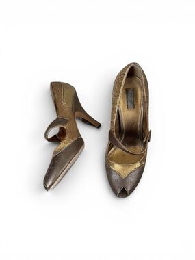 Prada sequin leather peep toe mary Jane heels gold